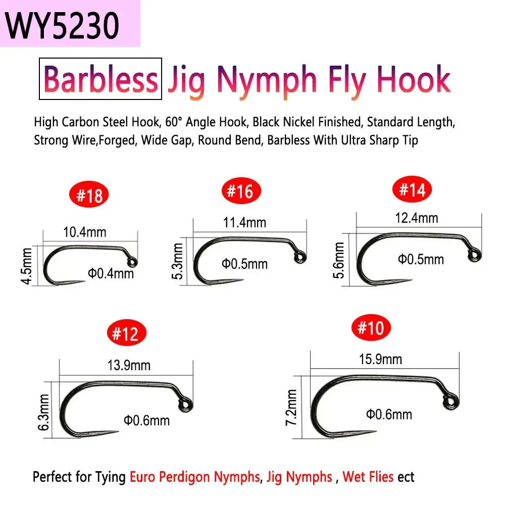 Bimoo 50pcs High Carbon Steel Barb & Barbless Fly Tying Hook For Dry Wet Nymph Jig Nymph Egg Caddis Pupa Fly Trout Fishing Lure