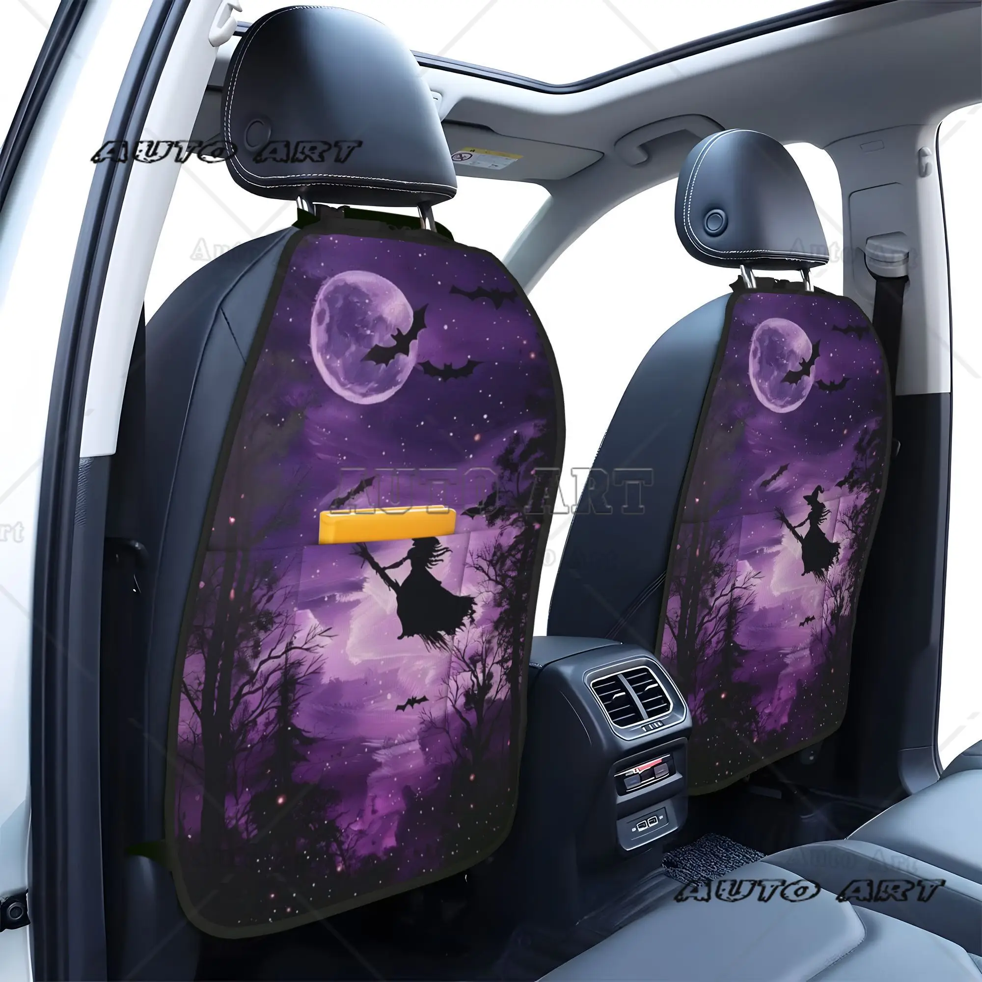 2pcs Witch Flying At Night Car Seat Back Organizer Adjustable Car Back Seat Organizer Large Kick Mats with Storage Pockets