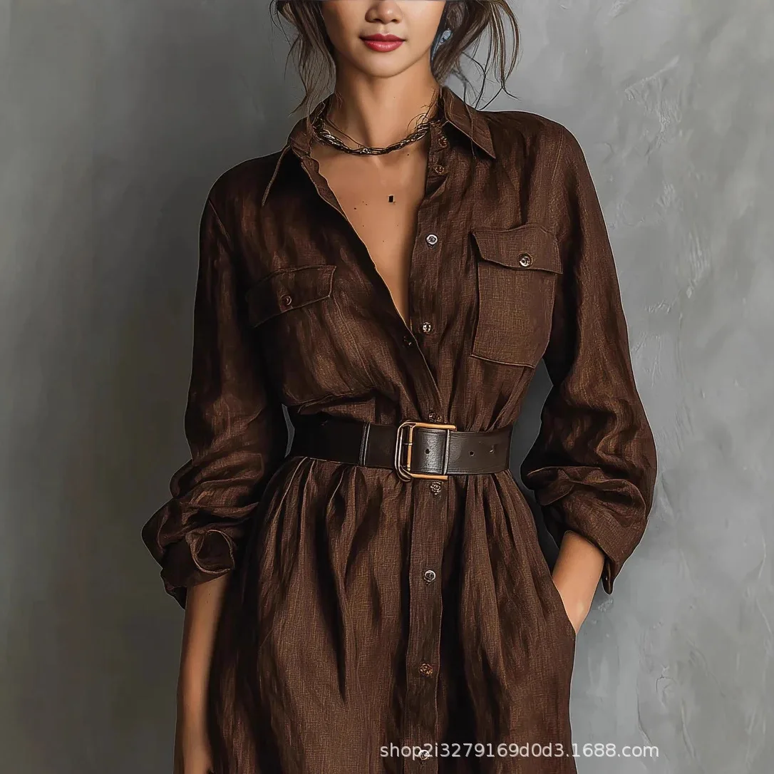 Elegancka sukienka koszulowa z kołnierzykiem, kieszeniami, jednolita, zapinana na guziki, w stylu vintage, luźna, z długim rękawem, o prostym kroju, z paskiem.