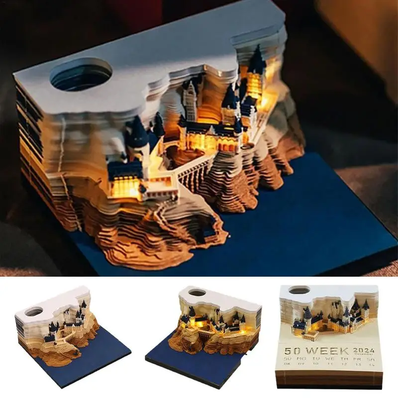 Calendário 3D Escultura Memo Pad, Castelo mágico, escultura Art Notepad, esvaziada Notepad, rasgar afastado