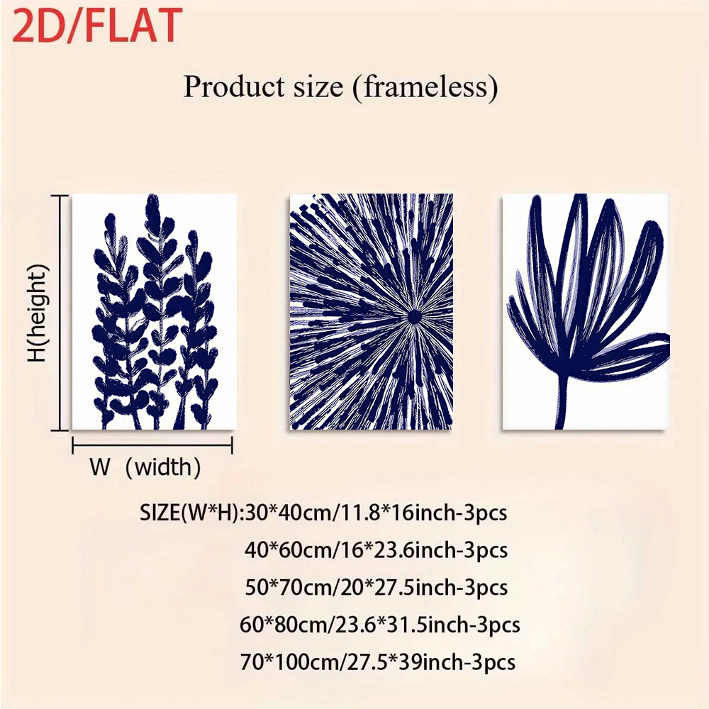 1 set of modern minimalist living room triptych, blue and white abstract plant frameless canvas painting, 2D flat design.