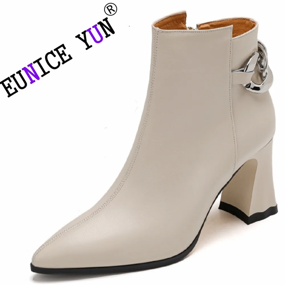 

【EUNICE YUN】Handmade Brand Cow Leather Toe Pointed Toe Thick High Heel Modern Boots Zip Office Lady Metal Circle Buckle 33-48