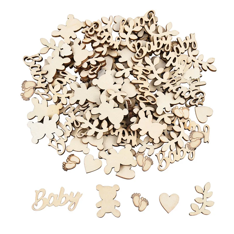 100Pcs Mixed Baby Bear Heart Leaf Wood Confetti Kids Boy Girl Birthday Party Table Scatter Baby Shower DIY Decorations Supplies