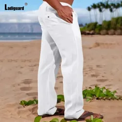 Pantalones de lino y algodón para hombre, pantalón hasta el tobillo, informal, de talla grande, con bolsillo y cordón, para playa y ocio, a la moda