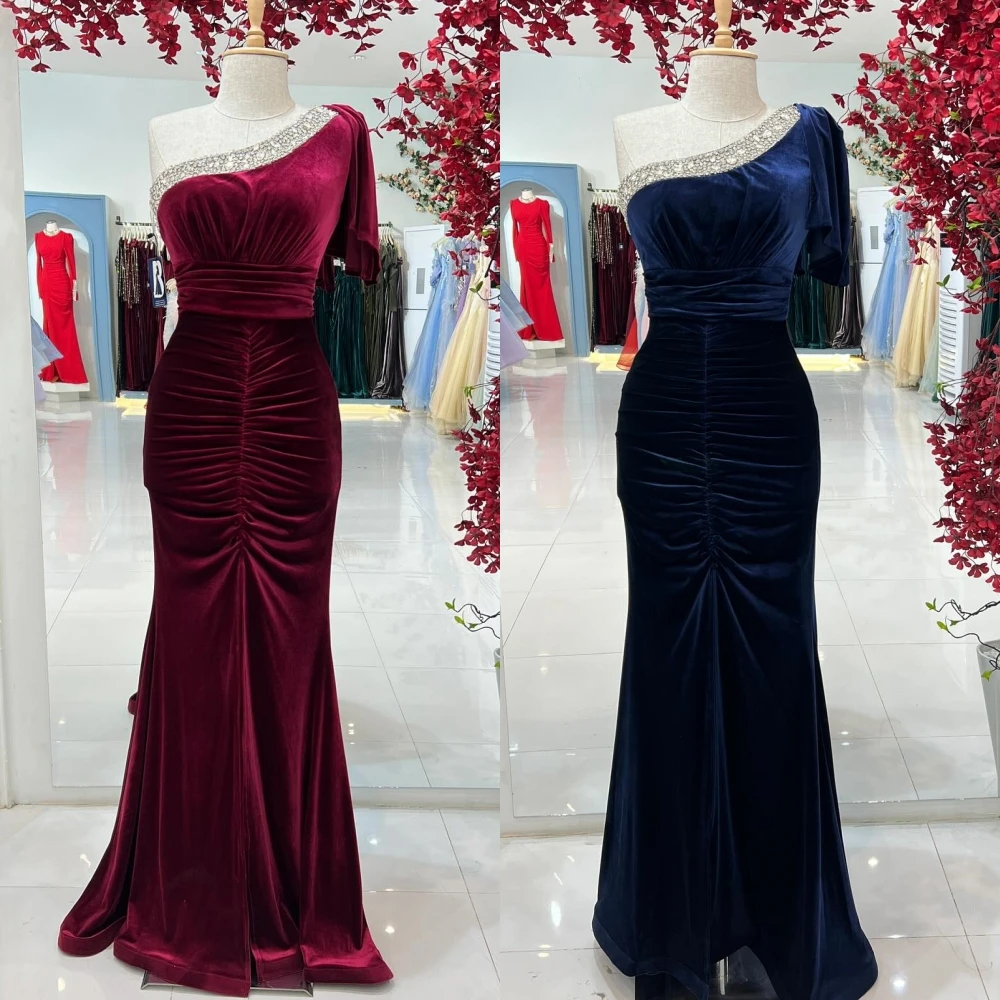 Exquisite Modern Style One-Shoulder A-line Beading Sequined Ruched Floor-Length Velour Evening Dresses