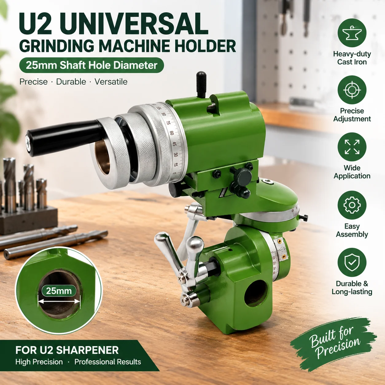 Image of 25-mm-Bohrung, U2-Universal-Schleifmaschinen-Werkzeughalter, multifunktionaler Schleifständer, robuste Ausführung aus Gusseisen, einstellbarer Winkel, präzise Anzeige, Werkzeugschärferhalterung mit