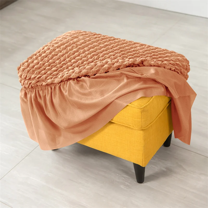 Footstool Skirt Cover Seersucker Durable Stretch Ottoman Cover Solid Color Non Slip Spandex Footrest Slipcover for Living Room