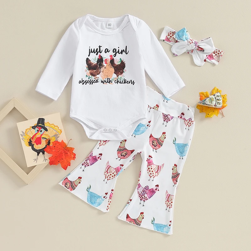 

2023-08-18 Lioraitiin 0-18M Newborn Baby Girl Thanksgiving Outfit Chicken Long Sleeve Romper Flared Pants Headband Fall Outfit