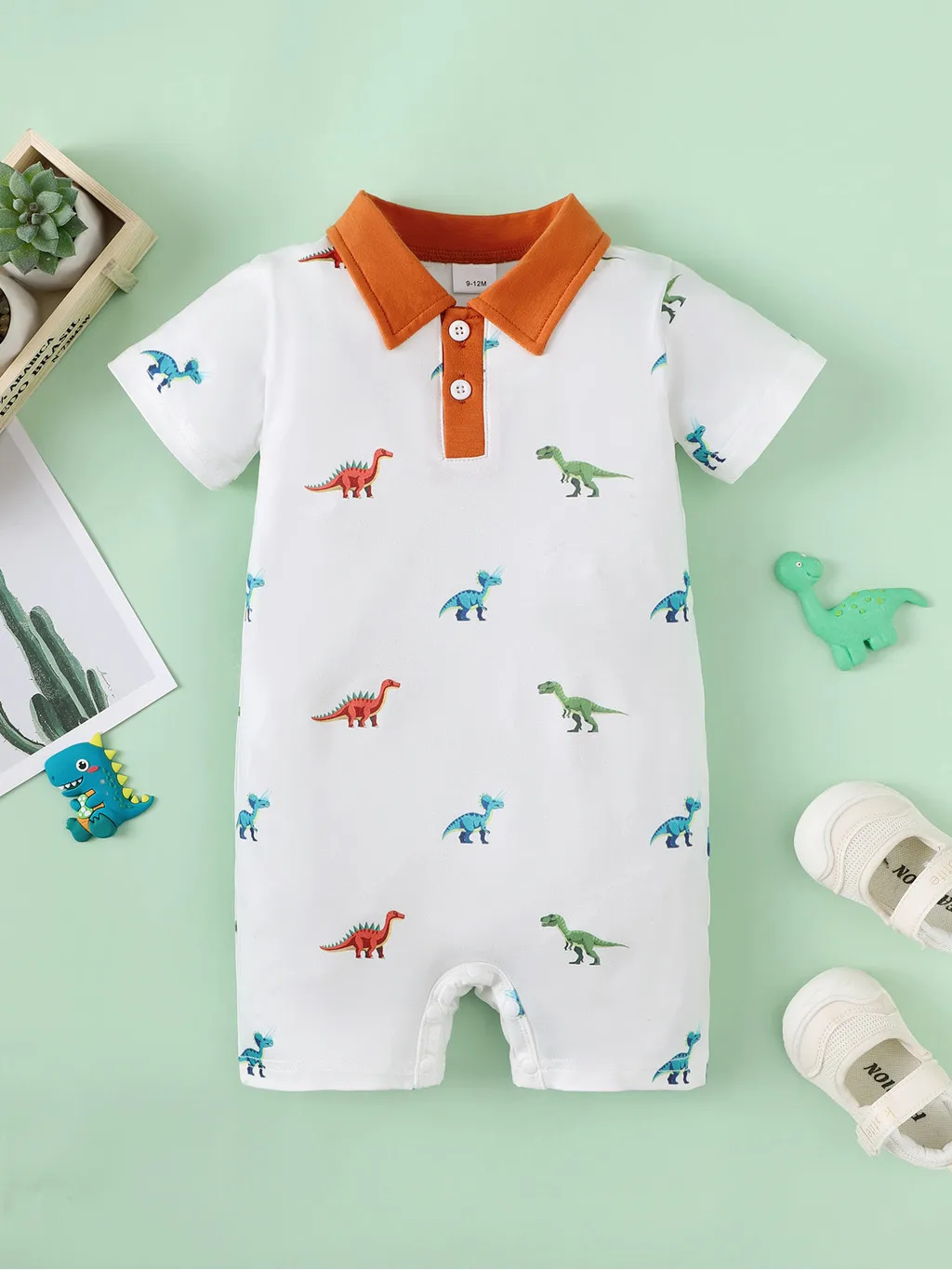 0-18 Months Newborn Baby Boy Short Sleeve Romper Dinosaur Print Polo Jumpsuit Fashion Cute Style Summer Daily Toddler Clothes