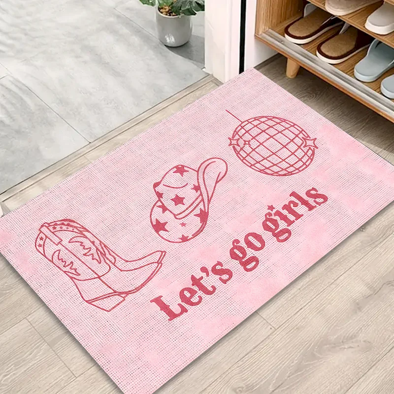 VIKAMA Let's Go Girls' Printed Door Mat Entrance Non slip Floor Mat Cowboy Hat Boots Disco Pattern Carpet Home Decoration