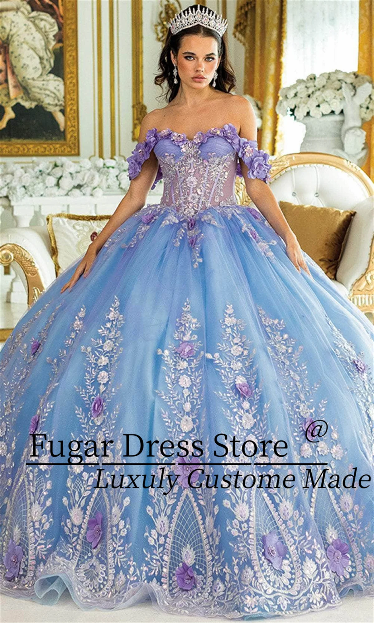 

Customized Blue Quinceanera Dresse Exquisite bead embroidery 3D floral decals Sexy Off Shoulder Gown Vestidos De Novias