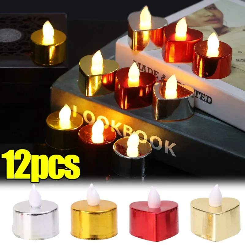 

12/1PCS LED Candle Lights Electroplating Heart Shape Candle Battery Powered Wedding Valentine's Day Party Decoration Candle Lamp