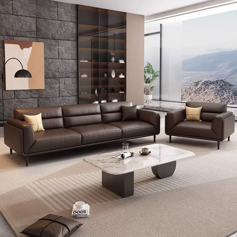 Office sofa first layer cowhide business VIP reception room meeting guests Italian straight row minimalist leisure three-person