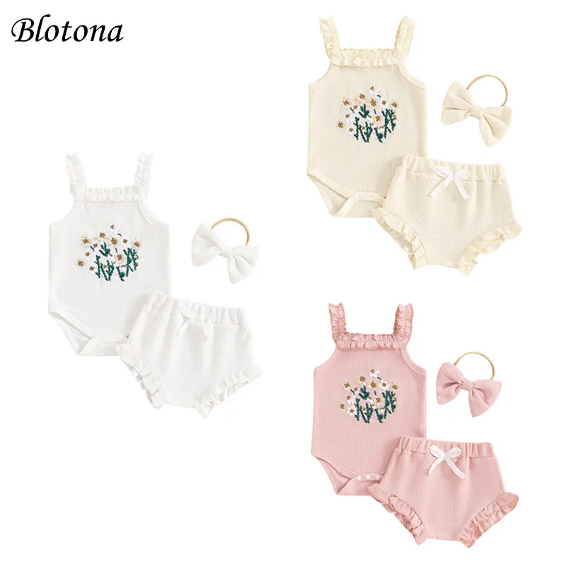 

Blotona Baby Girl Summer Outfits Waffle Flower Embroidered Sleeveless Romper Ruffles Shorts Headband 3Pcs Clothes Set 0-18Months