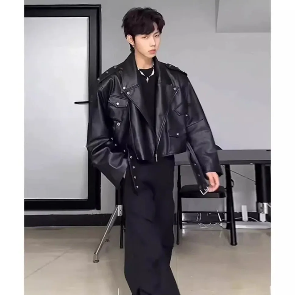 2026 new Spring Autumn Trendy Handsome High-End Feel Motorcycle PU Leather Jacket Top American Retro Short Leather Jacket Men's