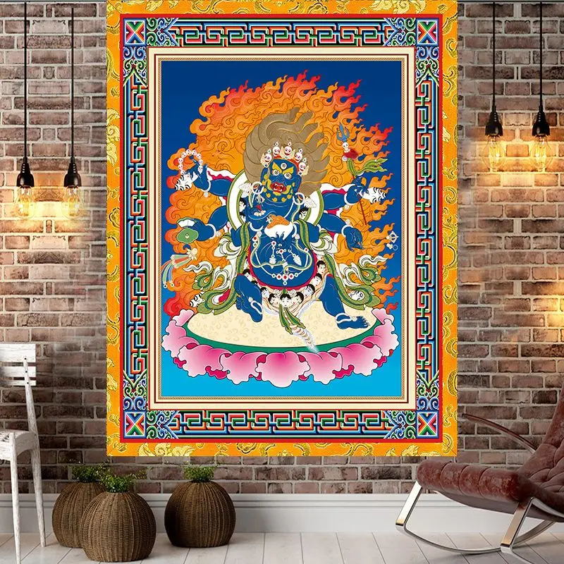 Tibetan Thangka Buddha Protector Tapestry, Retro Buddhist Spiritual Wall Hanging, Aesthetic Yoga Altar Home Decor