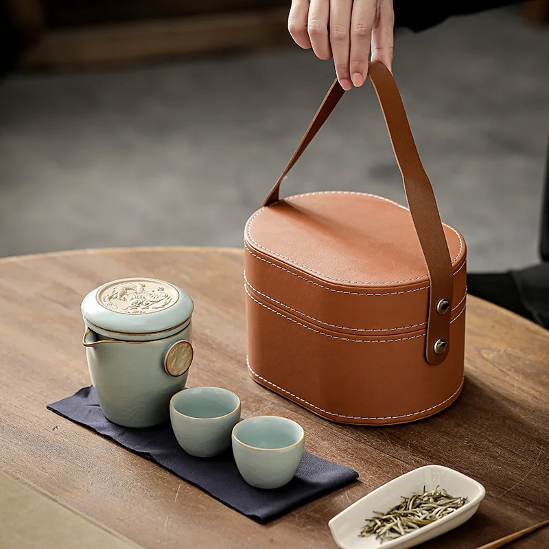 Ru Kiln Portable Travel Tea Set One Pot Two Cups Small Set Tea Making Storage Quick Cup Three Cups Small Gift Customized Logo