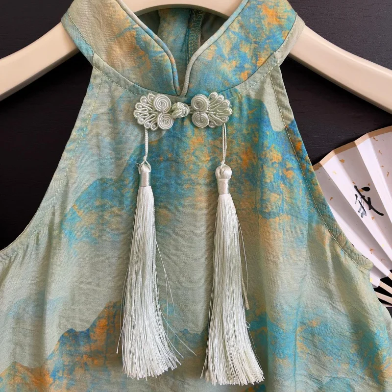 2024Summer New Girls' Ink Painting Pattern Cheongsam Sleeveless Dress Girls' Tassel Children's Dress One-Piece Delivery-WSNY