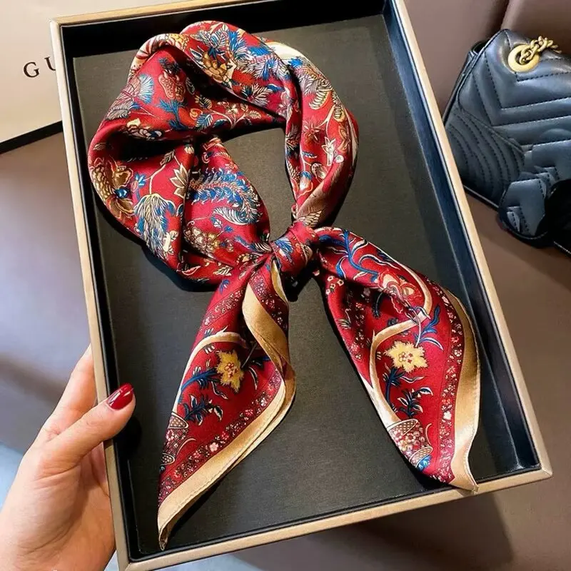 70cm Size 100% Mulberry Silk Square Scarf, Retro Printed Red Ladies' Bandana Scarf, Headscarf, Elegant Shawl, Strap Decoration