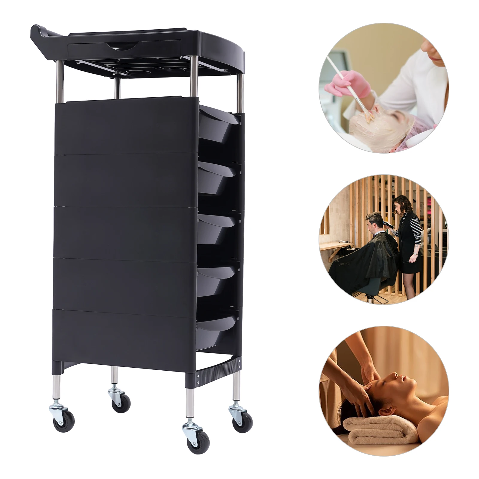 

Salon Trolley Mobile Beauty Salon Trolley with Handle and Rolling Wheels 5 Drawers and 2 Hair Dryer Holder Side Tray, Black