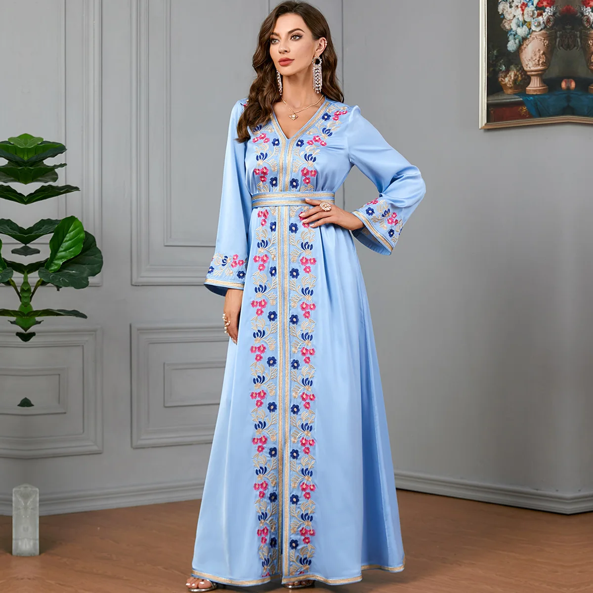 Imagem -05 - Bordado Cintado Kaftan Marroquino Jalabiya para Mulheres Vestido de Festa Muçulmano Eid Mubarak Ramadan Caftan Dubai Robe Abaya para o Outono