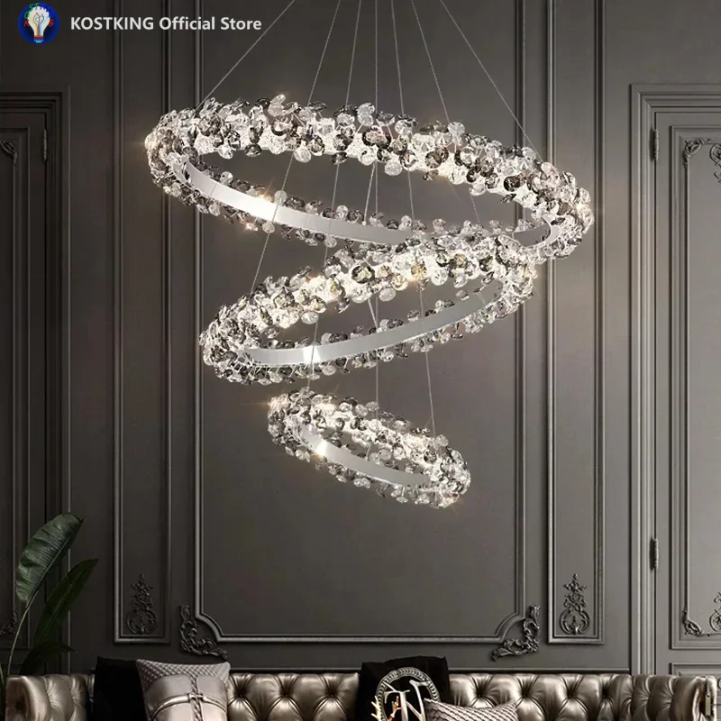 Simple Mix and Match Crystal Chandelier Living Room Ring Decorative Light Luxury Stainless Steel Glossy Island LED Light
