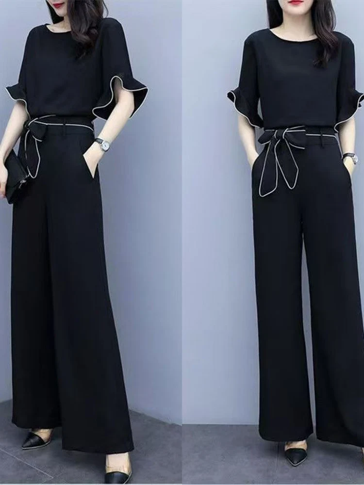Fashionable High Waist Wide Leg Pants Set Women's Casual Summer New Style Slimming Stylish Two Piece Set Queenly Elegant