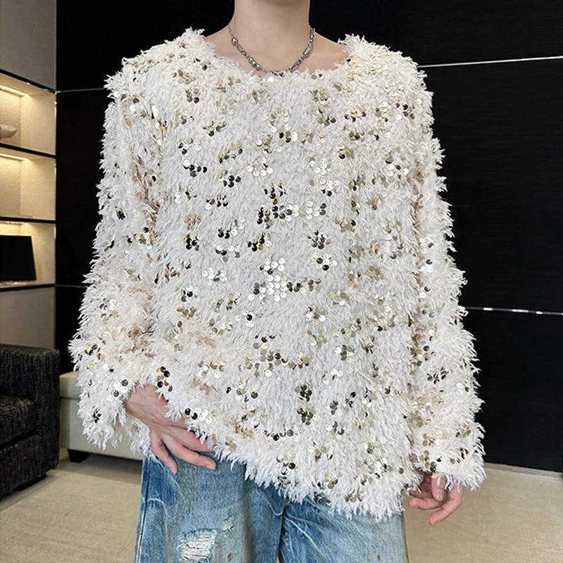 Trendy Hairy Design Sequins Unisex Pullovers Tops Autumn Long Sleeve O-Neck Men T-shirt Sexy Dance Stage Performance Costume