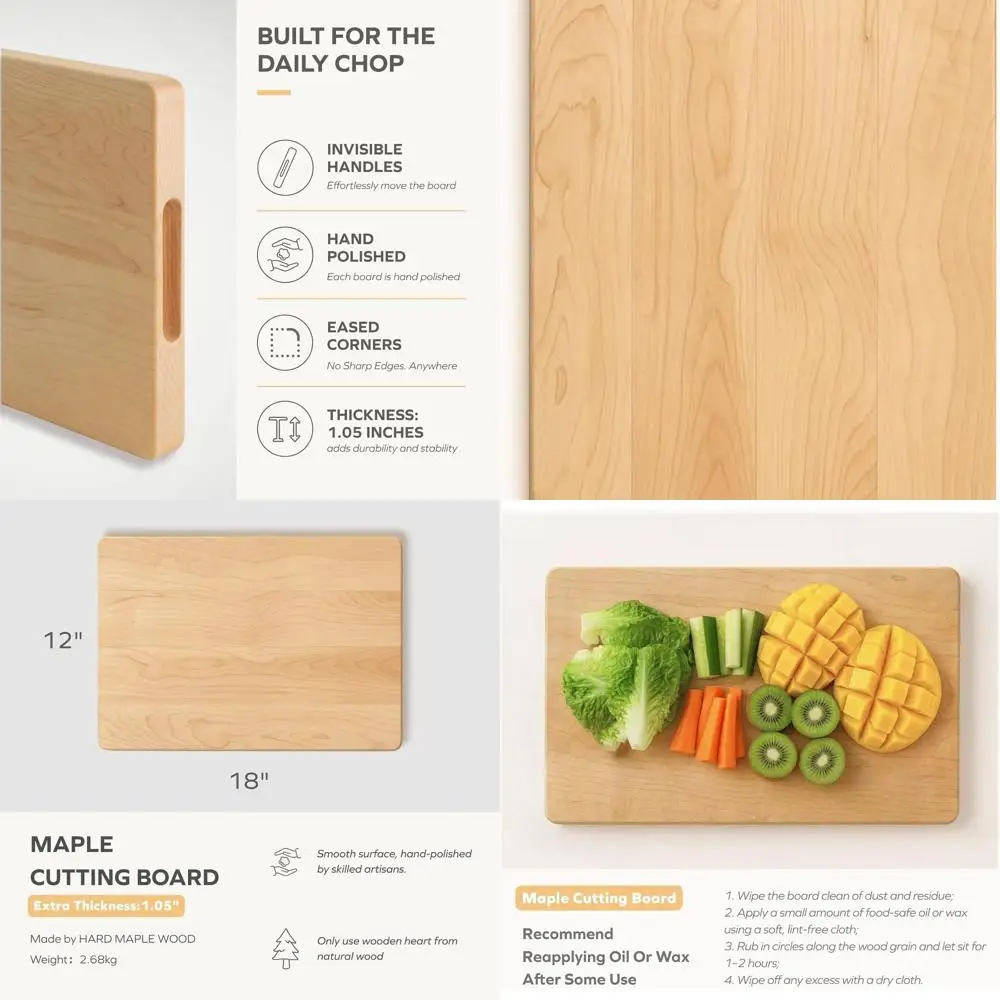 

Двусторонняя разделочная доска из твердого клена толщиной 18x12, со скрытой ручкой и ушколенными краями