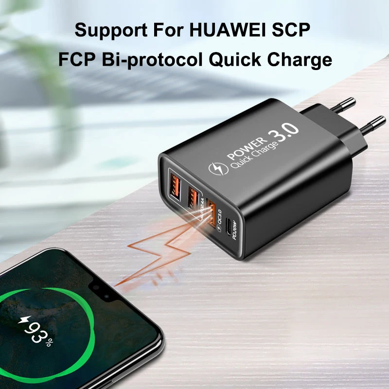 

60W Fast QC3.0/4.0 Charger 4Ports PD TypeC+USB C Mobile Phone Charging EU/US Plug For iPhone Xiaomi Samsung Huawei Wall Charger