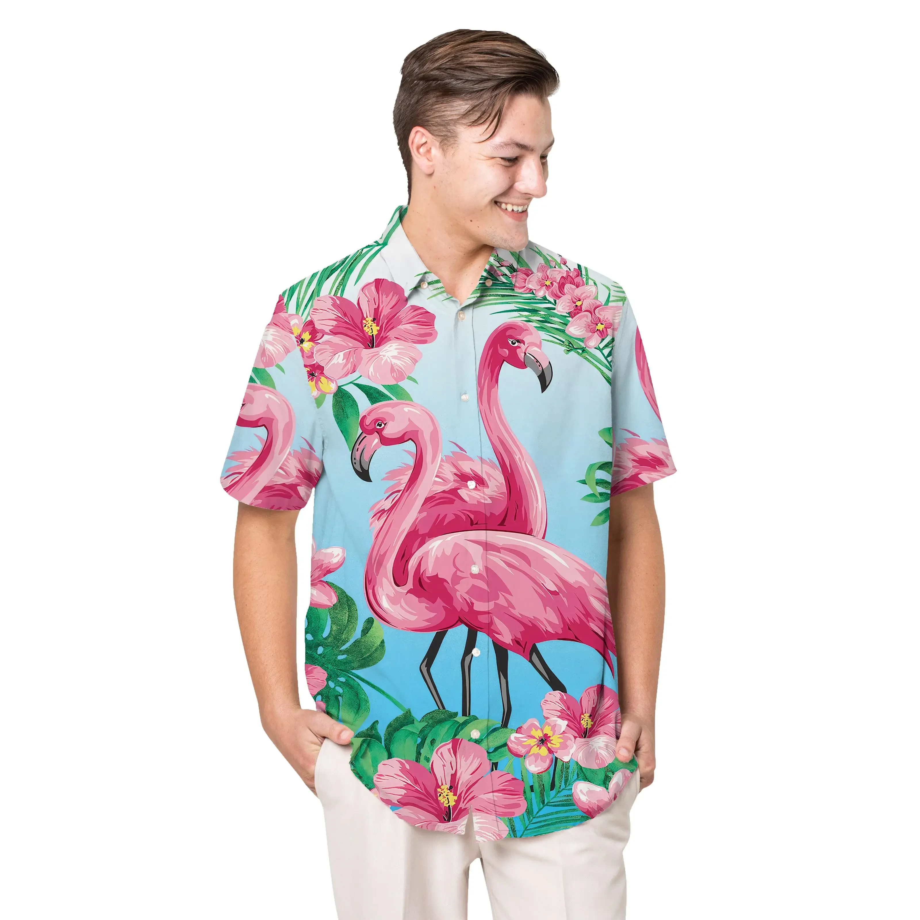 Camisa hawaiana de manga corta con estampado de flamenco Jumeast, gráficos de flores de hibisco, camisas Aloha, ropa informal holgada Tropical para hombre