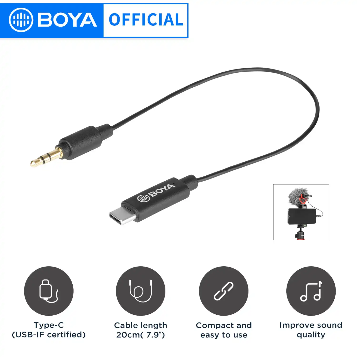 BOYA BY-K2 3.5mm TRS (Male) to USB Type-C (Male) Audio Adapter for Phones USB-C Devices Converter