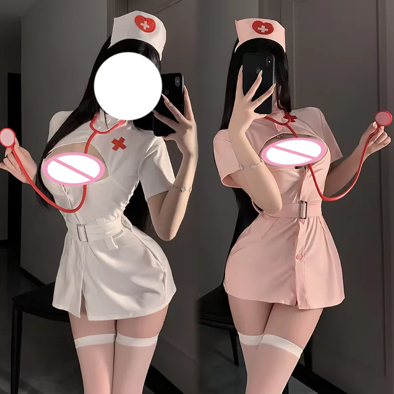 Sexy Nurse Costume Uniform Cosplay Hollow Dress Pink Kawaii Doctor Role Play Seduction Set Lingerie Pajamas Costume For Women view 4