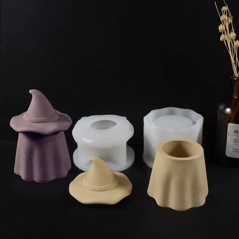 Wizard Hat Candle Cup Concrete Cement Molds Halloween Decor Storage Jar with Lid Gypsum Plaster Mould Organizer Pot Making Mold