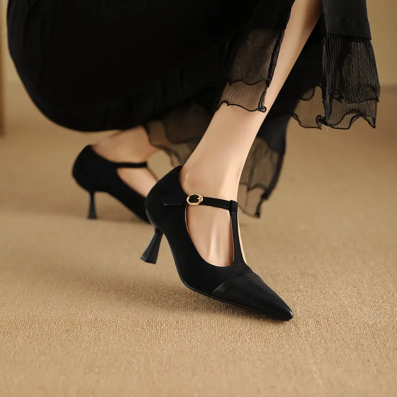 ORCHA LISA Women Pumps 32 33 T-strap Thin High Heels 7.5cm Mary Janes Pointed Toe Shoes Flock Big Size 47 48 Office Ladies Shoes