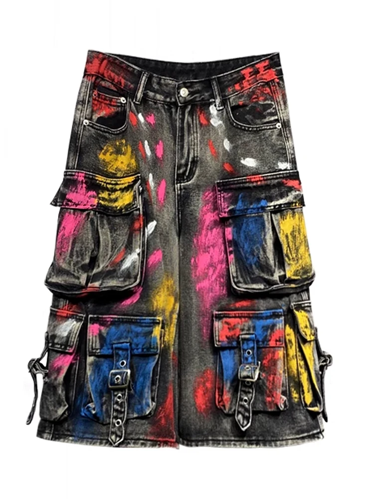 2025 신상 여름 여성 청바지 멀티 포켓 화려한 그래피티 페인팅 종아리 기장 카고 디자인 데님 팬츠