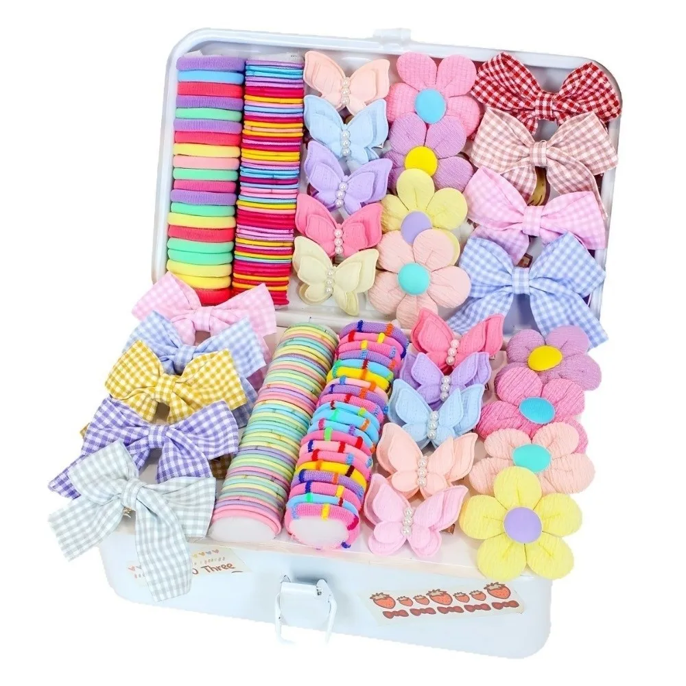 New Colorful Girls Hair Accessories Set Bowknot Flower Shape Elastic Hair Ties Flower Hairpins Party Dress Up