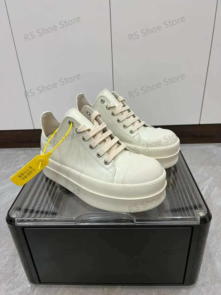 Ro Luxury Men Shoe Women Sneaker White Leather Shoe  Low Top Casual Shoes Lace Up 6cm Thick Sole Outside Owen Flat Sneakers