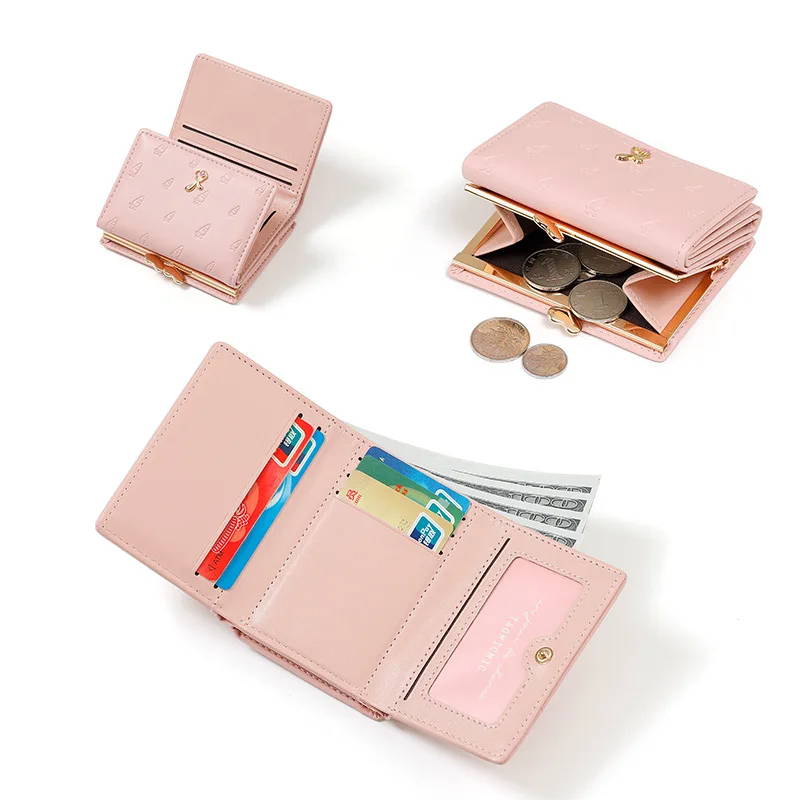 Dompet Lipat Wanita Desain Kucing & Ikan Bahan Kulit PU, Dompet Uang Kecil Gaya Segar, Kantong Koin Wanita untuk Pelajar