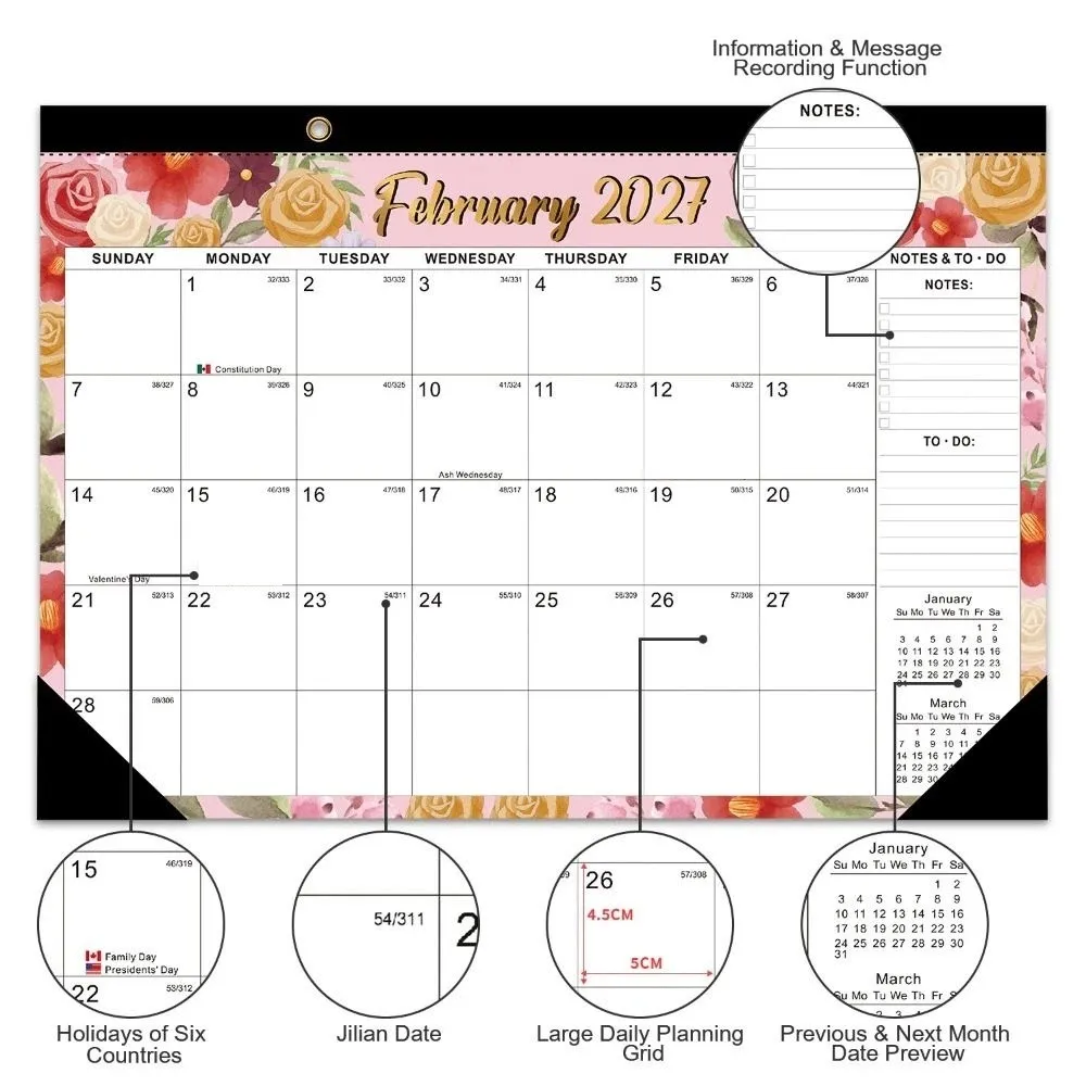2027 Wall Calendar with Hanging Hole 18 Months Floral Wall Calendar To Do List Portable Calendar Planner Stationery Supplies