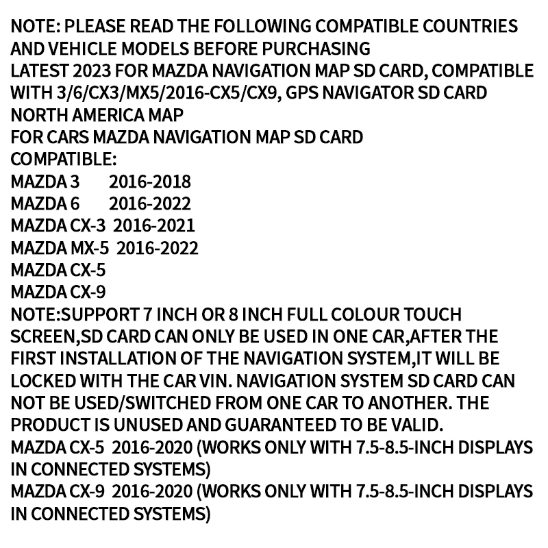 North America Maps for Mazda Navigation SD Card BHP166EZ1N Compatible 3/6/CX3/MX5 GPS SD Card 2016-CX5/CX9 Map SD 2023-2024