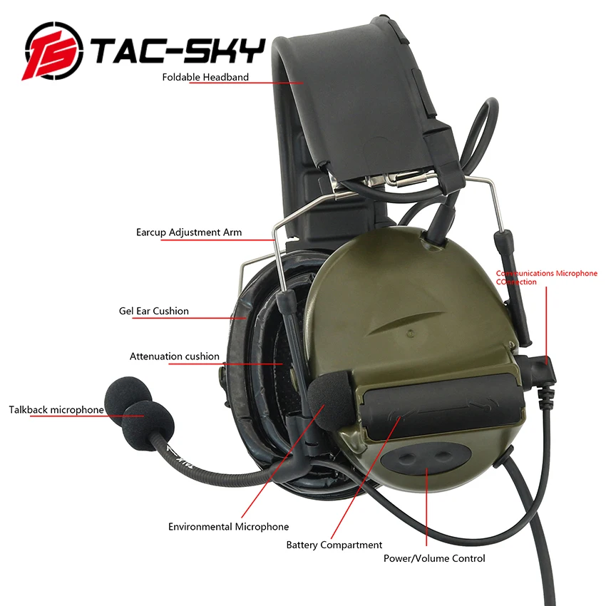 COMTA II TS TAC-SKY Tactical Headset Shooting Earmuffs Walkie Talkie PTT Airsoft Headset with & Kenwood Plug U94 PTT