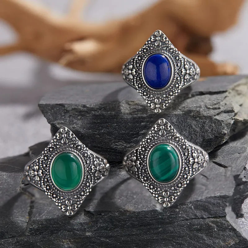 Retro Thai silver rhombus malachite lapis lazuli ring women's S925 silver ethnic style pattern open index finger ring
