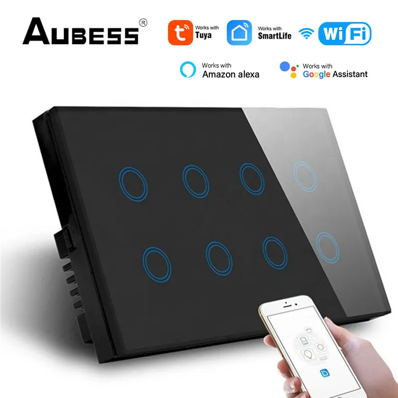 Interruptor de pared inteligente con Wifi, Panel de cristal con Control de 2 vías, 8 entradas, 147x86mm, aplicación SmartLife, Alexa y Google Home,