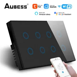 Interruptor de pared inteligente con Wifi, Panel de cristal con Control de 2 vías, 8 entradas, 147x86mm, aplicación SmartLife, Alexa y Google Home, Tuya