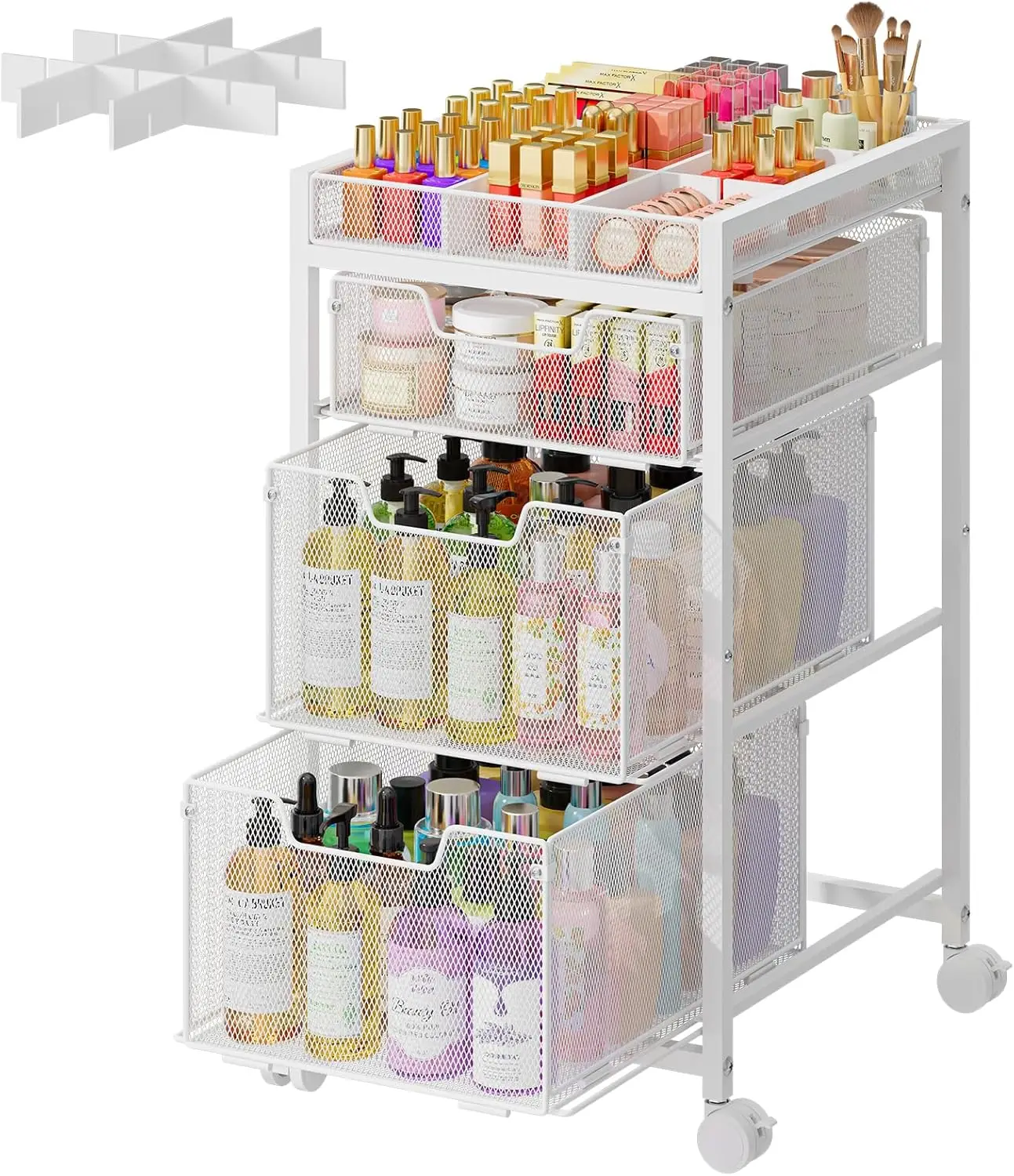 

Тележка-органайзер для косметики и инструментов с 3 ящиками, разделителями и колесами, белая