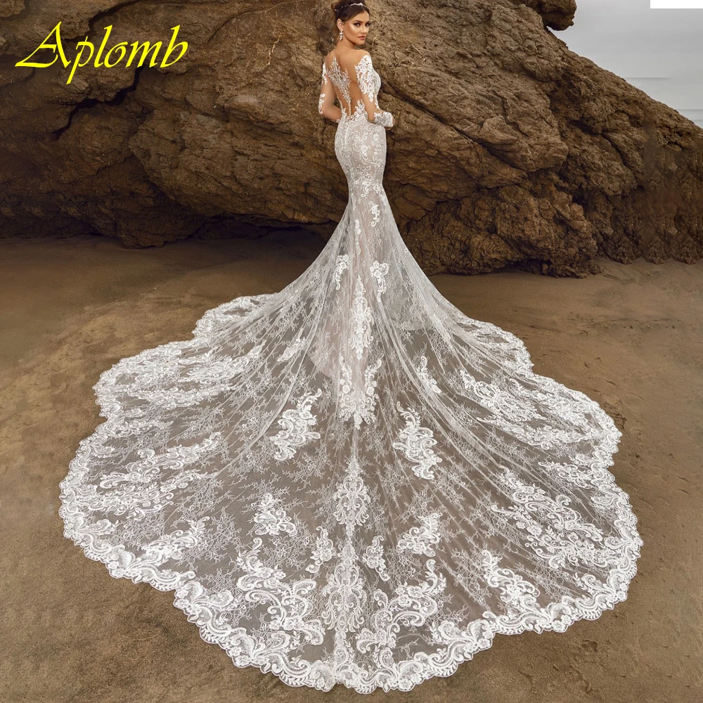 Customized Soft White Lace Wedding Dress Formal O-Neck Long Sleeves Bridal Gowns Boho Mermaid Chapel Train Vestido De Novia