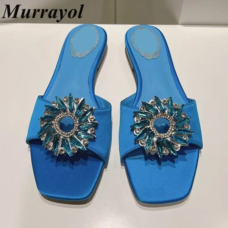Silk Satin Flat Bottom Slippers Women Square Toe Bling Rhinestone Flower Decor Sandals Summer Outdoor Vacation Shoes Dress Shoes
