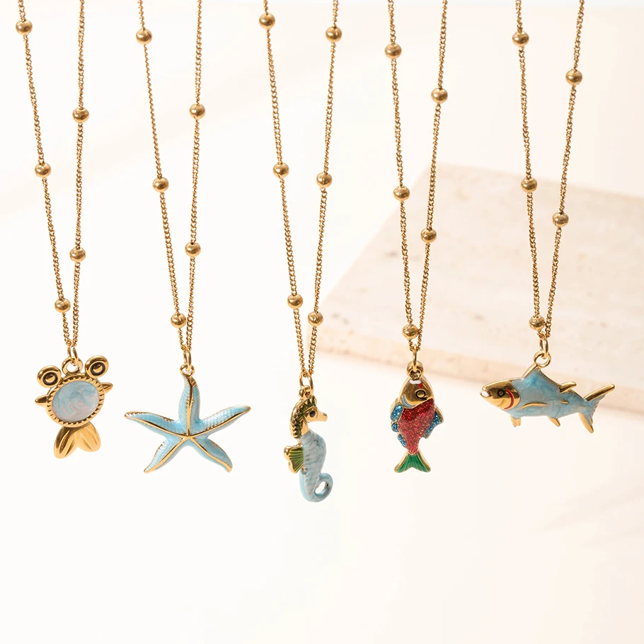 1pcs Blue Exquisite Enamel Sea Animal Necklace Shark Hippocampus Fish Starfish For Women Beach Choker Vortex Garbage Jewelry