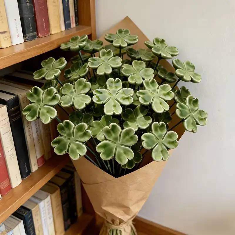 New 6/8/10pcs Four-Leaf Ceramic Flowers Symbolize Luck, Hope, Faith, Love Never Fading, Eternal Ceramic Flowers Home Decor